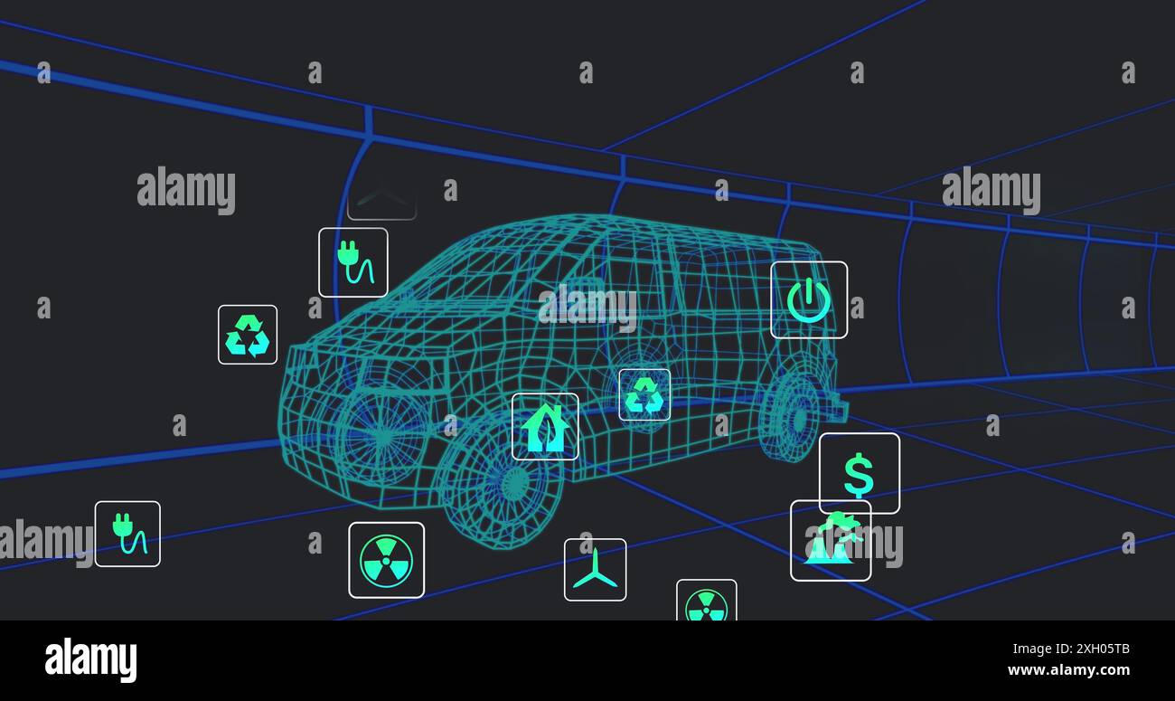 Immagine del furgone elettrico con telaio in filo 3d blu sullo schermo grafico del computer. Composito digitale, tecnologia, automobile, futuristica, industria dei trasporti, s Foto Stock