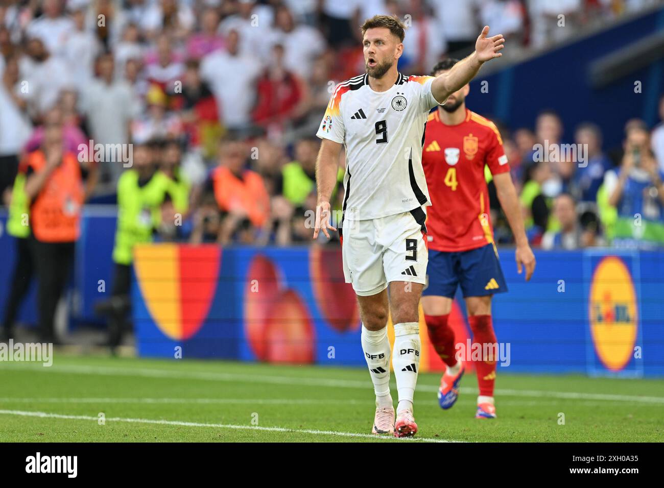 Niclas Fullkrug (9) della Germania reagisce durante una partita di calcio tra le squadre nazionali di Spagna e Germania nei quarti di finale del torneo UEFA Euro 2024 , giovedì 5 luglio 2024 a Stoccarda , Germania . FOTO SPORTPIX | David Catry Foto Stock
