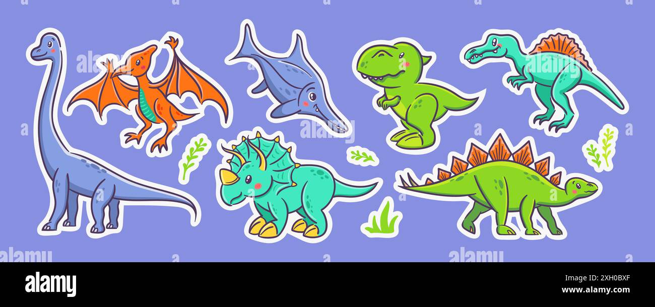 Set di simpatici dinosauri in stile kawaii asiatico. Tyrannosaurus rex, stegosaurus, triceratops, pterosauro, spinosaurus, ittiosauro, diplodocus. Preistorica Illustrazione Vettoriale