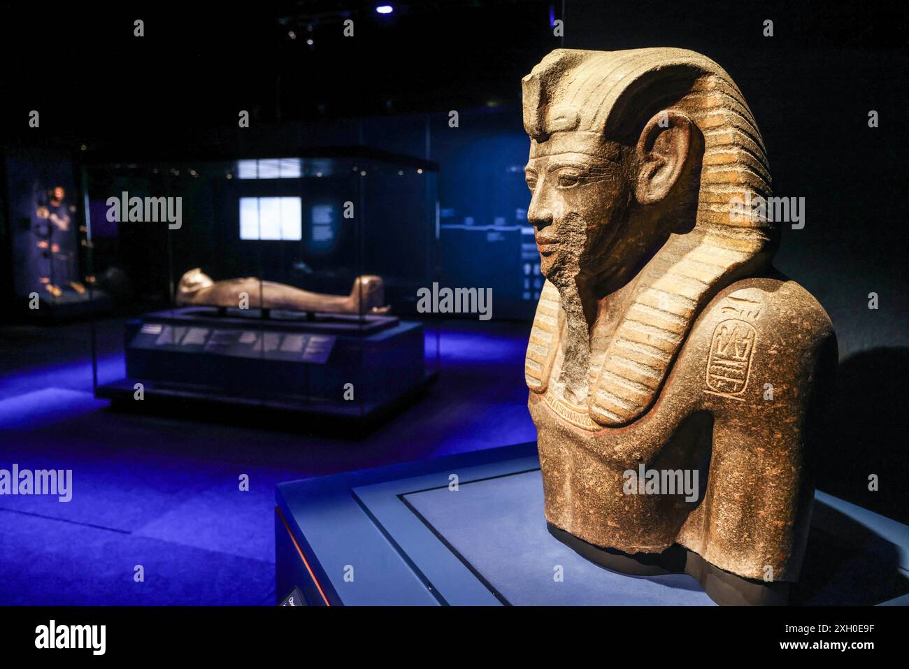 Colonia, Germania. 11 luglio 2024. Una statua del faraone Merenptah si trova su un piedistallo nell'Odisseo. La mostra "Ramses & the Gold of the Pharaohs" è visibile a Colonia dal 13 giugno 2024. Il fulcro è il vero sarcofago di Ramsete II. Tutti gli oggetti provengono da musei e siti storici in Egitto. Crediti: Oliver Berg/dpa/Alamy Live News Foto Stock