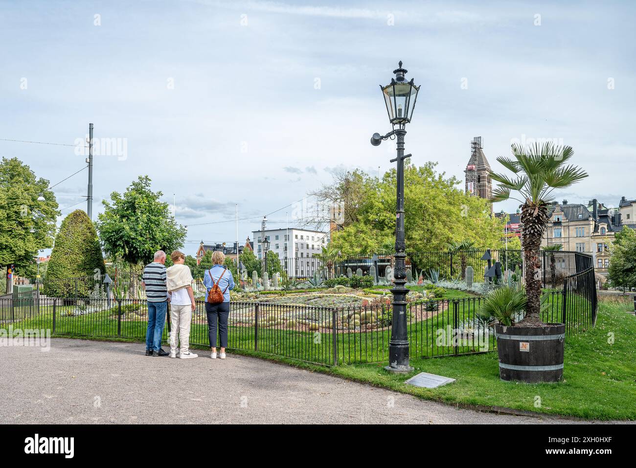 I turisti ammirano il famoso gruppo di cactus al parco Carl Johans a Norrkoping Strömparken durante la primavera a Norrköping, in Svezia Foto Stock