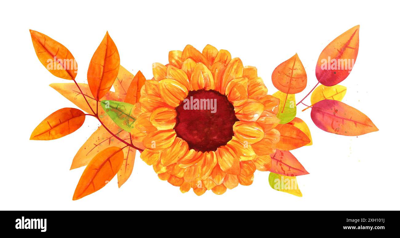 Bouquet autunnale con un girasole, una composizione floreale a cascata per biglietti d'auguri, poster o inviti di nozze, isolato su bianco, a. Foto Stock
