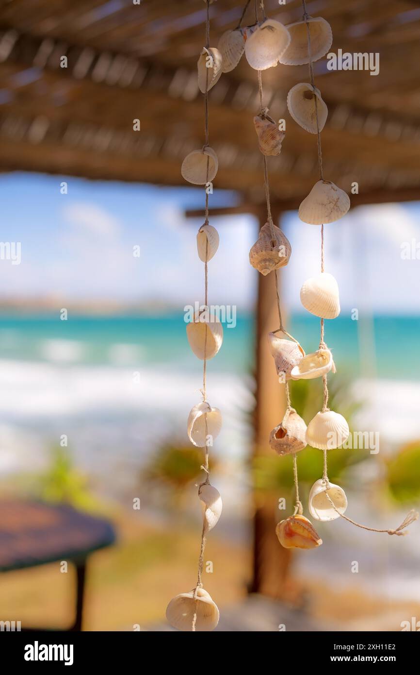 Decorazione in stile nautico appeso conchiglie, estate mare vacanza sfondo Foto Stock