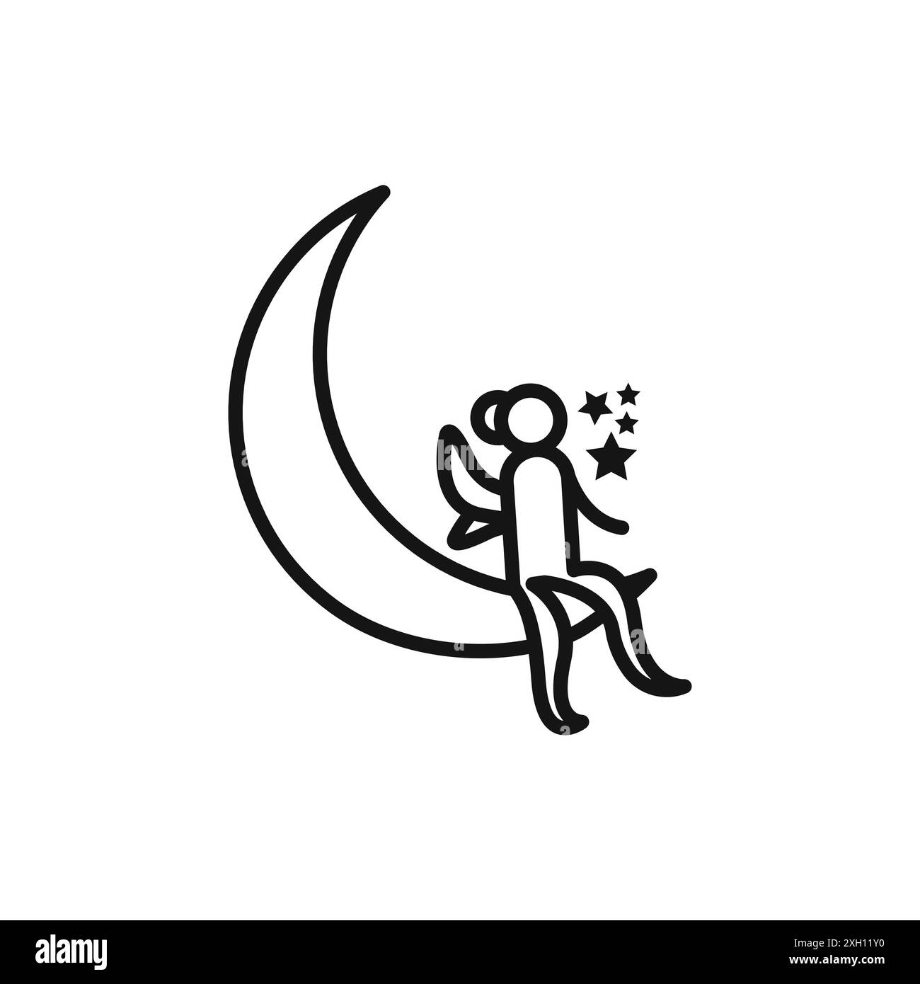 il logo della fata seduta sulla luna indica il contorno vettoriale in bianco e nero Illustrazione Vettoriale