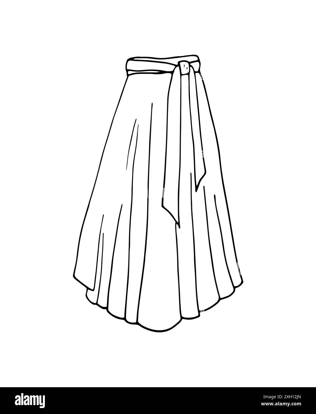 Gonna da donna alla moda. Maxi gonna con pieghe e cintura. Illustrazione disegnata a mano isolata su bianco Illustrazione Vettoriale