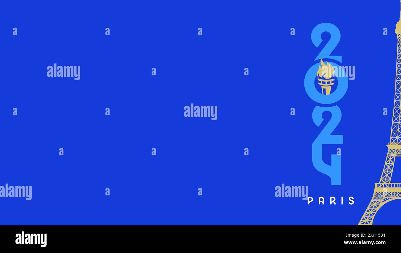 Sfondo orizzontale per viaggi in Francia o Parigi. Sfondo vettoriale con numeri 2024 con torcia e silhouette della Torre Eiffel per TV o streaming online Illustrazione Vettoriale