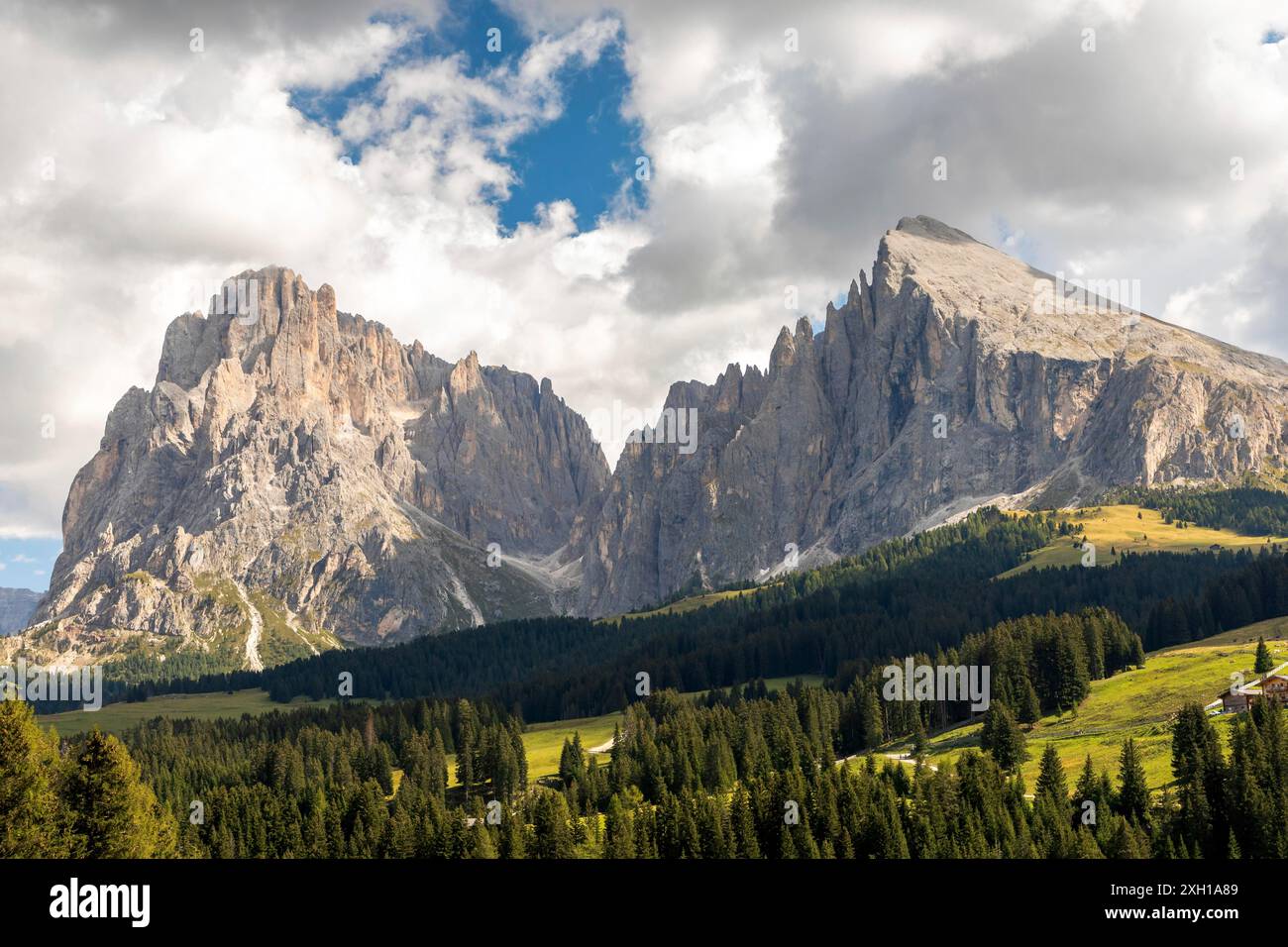 Vista sull'Alpe di Siusi, sull'Alpe di Siusi, su Langkofel e Plattkofel, alto Adige Foto Stock