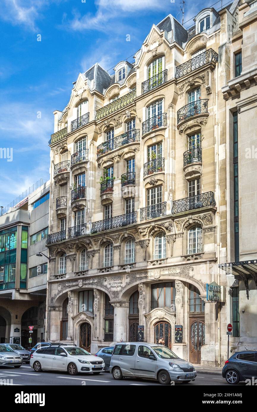 Facciata decorata in stile Art Nouveau c.1902 del "Syndicat de l'épicerie francese" / Sindacato francese della drogheria, 12 Rue du Renard, Parigi 75004, Francia. Foto Stock