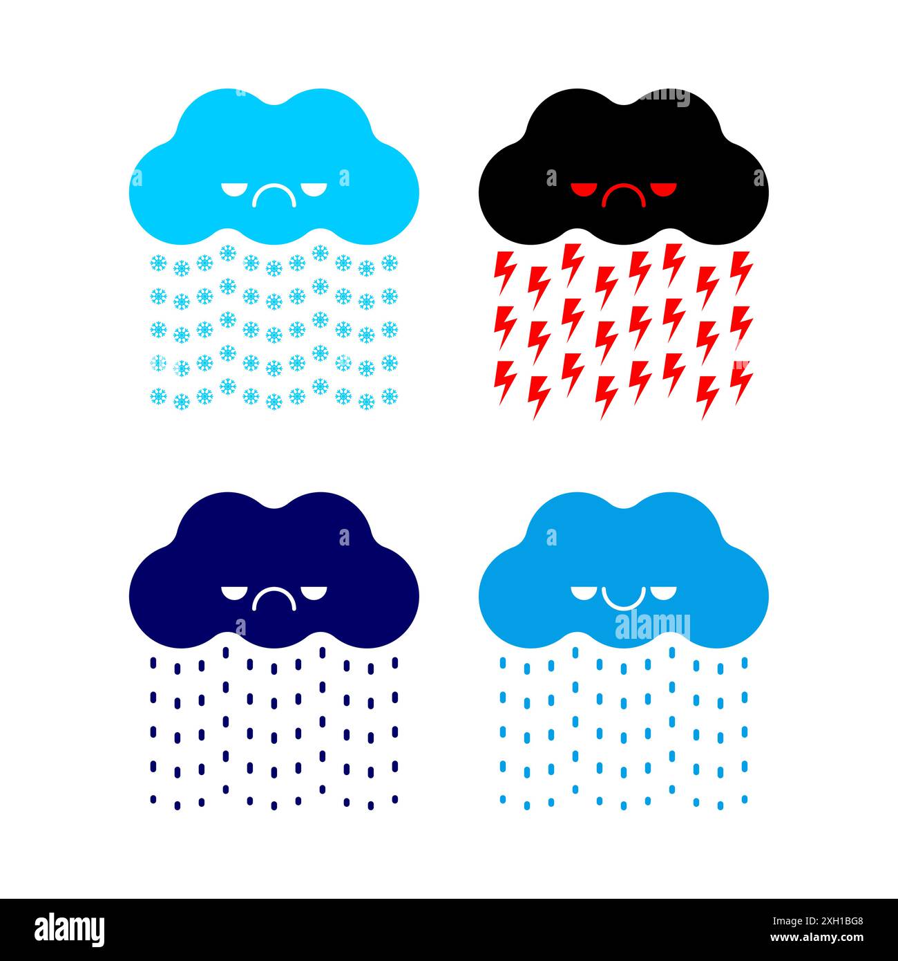 Set di simboli fumetti. Firma per le condizioni meteo per l'applicazione smartphone. Icona pioggia calda e grandine, neve e pioggia. Simbolo della nevicata Illustrazione Vettoriale