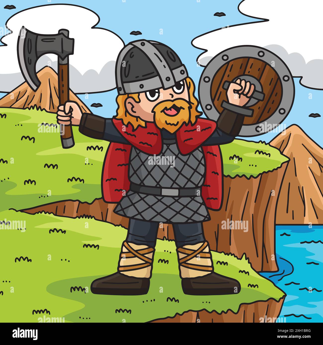 Illustrazione dei cartoni animati Viking Raising Axe color Illustrazione Vettoriale