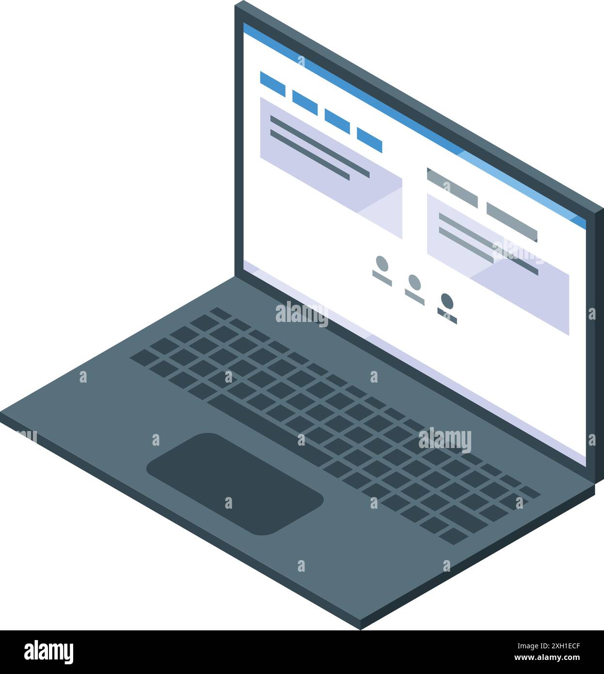 Laptop aperto che visualizza social network, con profili e post, concetto di comunicazione online Illustrazione Vettoriale