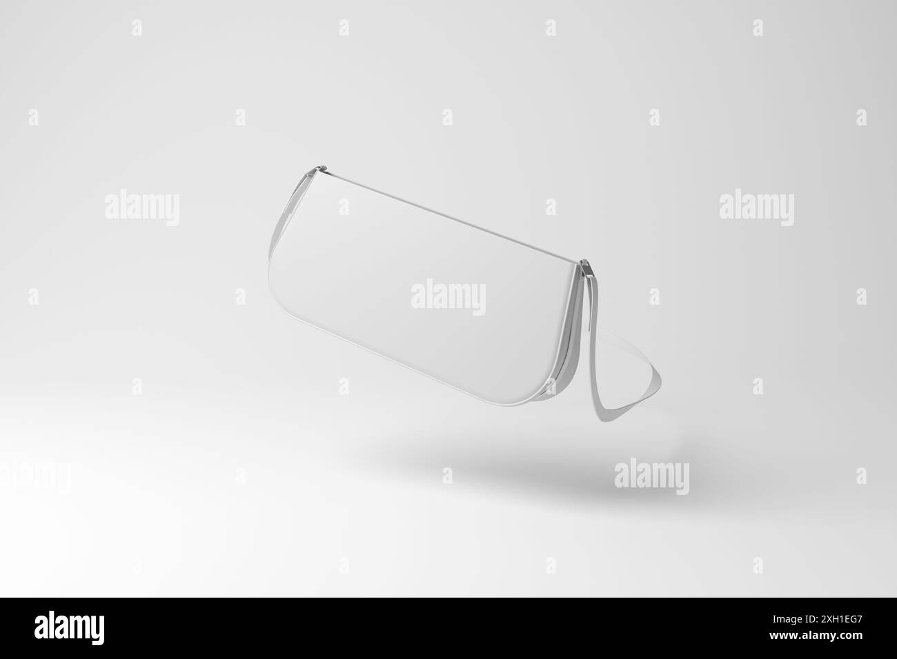 Borsa bianca femminile fluttuante a mezz'aria su sfondo bianco monocromatico e minimalista. Concetto di moda alla moda e accessori da donna Foto Stock