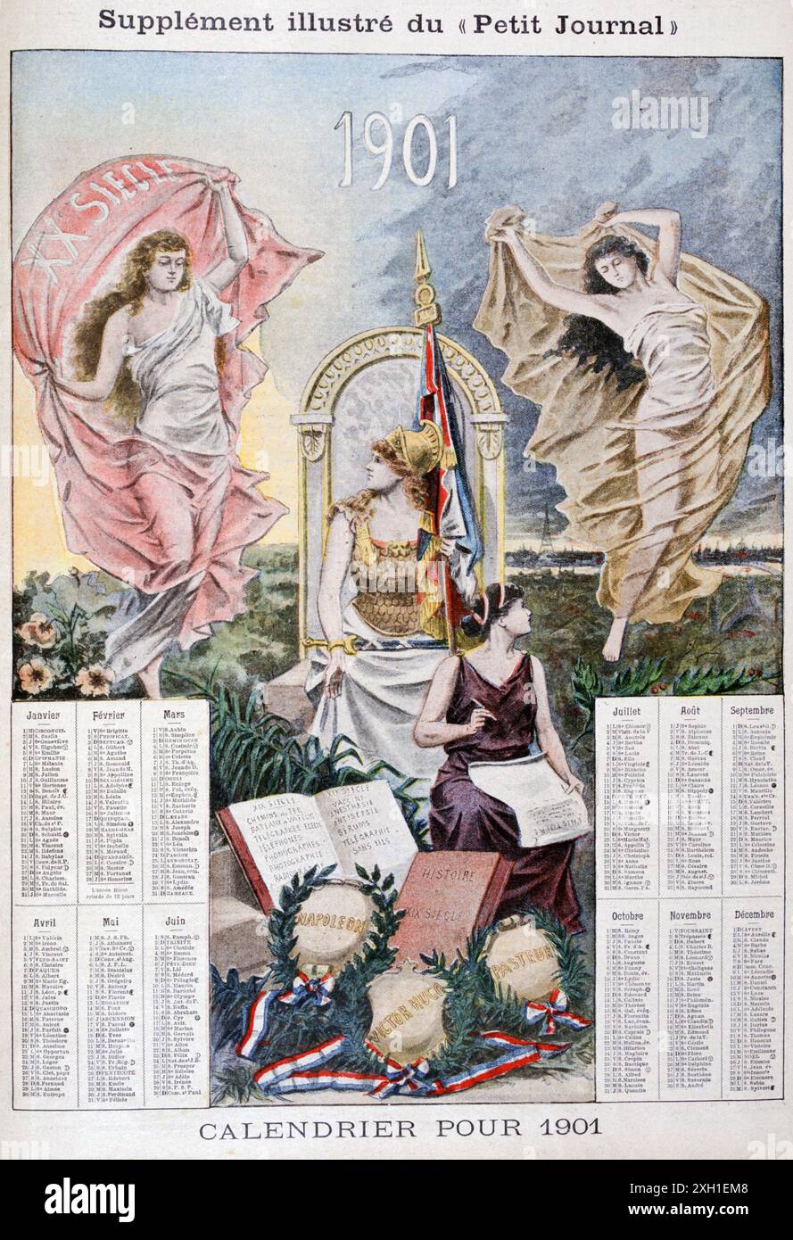 Illustrazione nello stile di un calendario per il 1901. Mostrando i grandi risultati in Scienza, Medicina, comunicazione ecc.; raggiunti nel XIX secolo. Sono mostrati i nomi di Napoleone, Pasteur e Hugo. Foto Stock