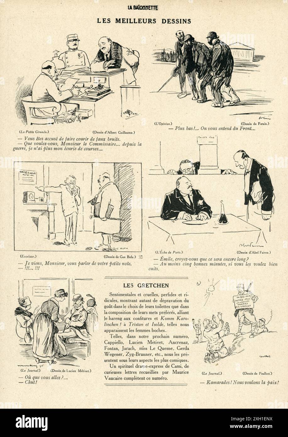 Disegni pubblicati sul settimanale satirico francese 'la Baionnette' n°28, il 13 gennaio 1916. Numero speciale intitolato 'Taisez-vous! Méfiez-vous!» (Zitti! Attenzione!). Foto Stock