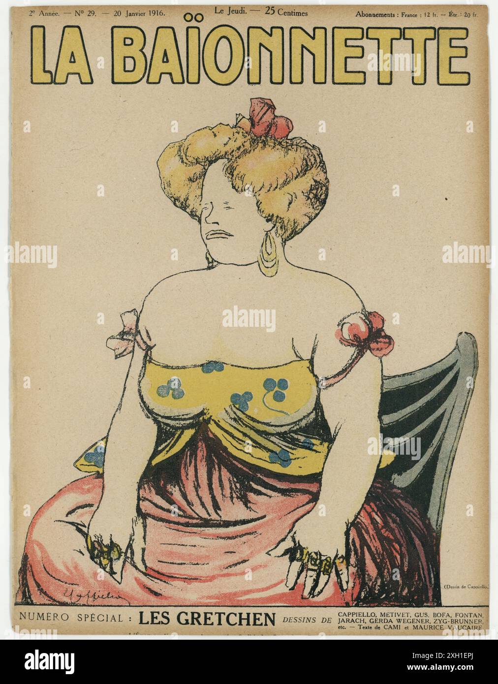 Copertina del settimanale satirico francese 'la Baionnette' n°29, il 20 gennaio 1916. Numero speciale "Les Gretchen" (donne tedesche). Darwing di Leonetto Cappiello. Foto Stock