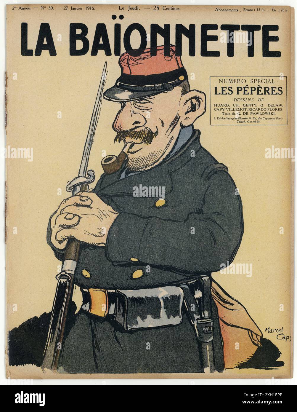 Copertina del settimanale satirico francese 'la Baionnette' n°30, il 27 gennaio 1916. Numero speciale "Les Pépères" (Cushy). Disegno di Marcel Capy. Foto Stock