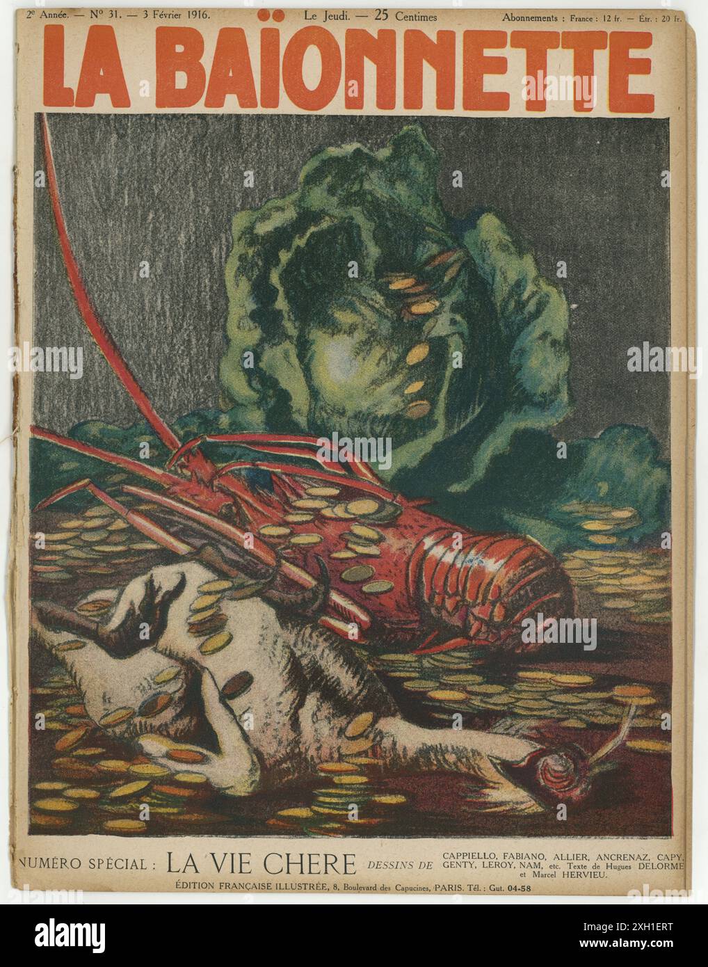 Copertina del settimanale satirico francese 'la Baionnette' n°31, il 3 febbraio 1916. Numero speciale intitolato "la vie chère" (il costo della vita). Foto Stock