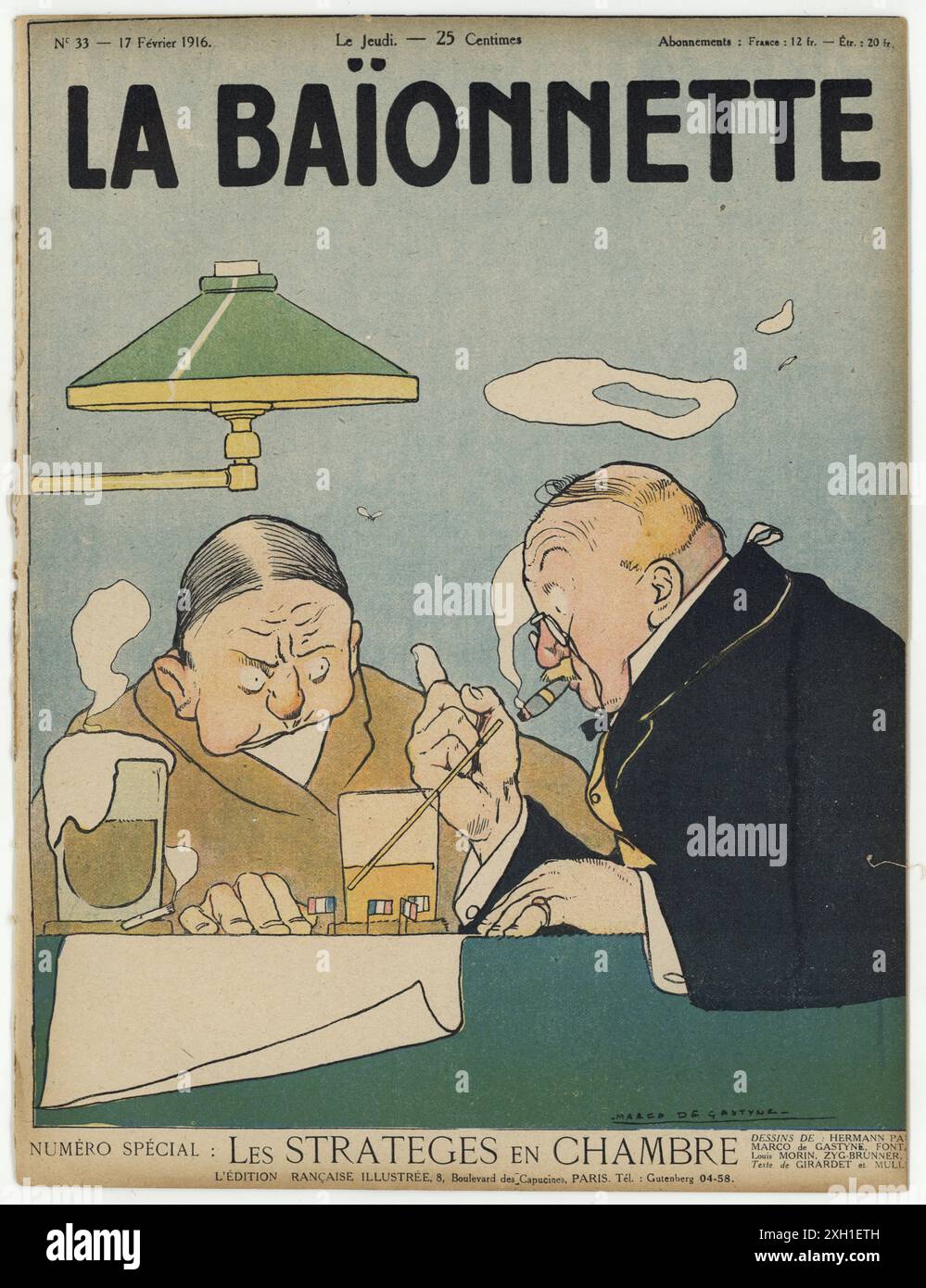 Copertina del settimanale satirico francese 'la Baionnette' n°33, il 17 febbraio 1916. Numero speciale "Les stratèges en chambre" (strateghi nelle loro camere da letto). Disegno di Marco de Gastyne Foto Stock