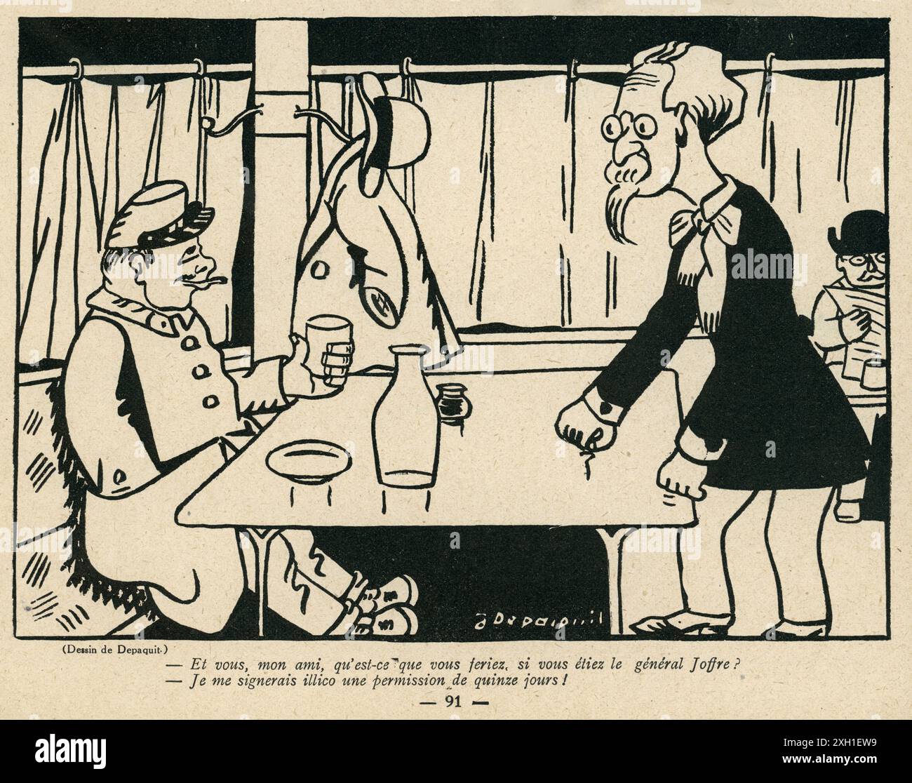 Disegno di Jules Depaquit pubblicato sul settimanale satirico francese 'la Baionnette' n°33, il 17 febbraio 1916. Numero speciale "Les stratèges en chambre" (Strategists nelle loro camere da letto) Foto Stock