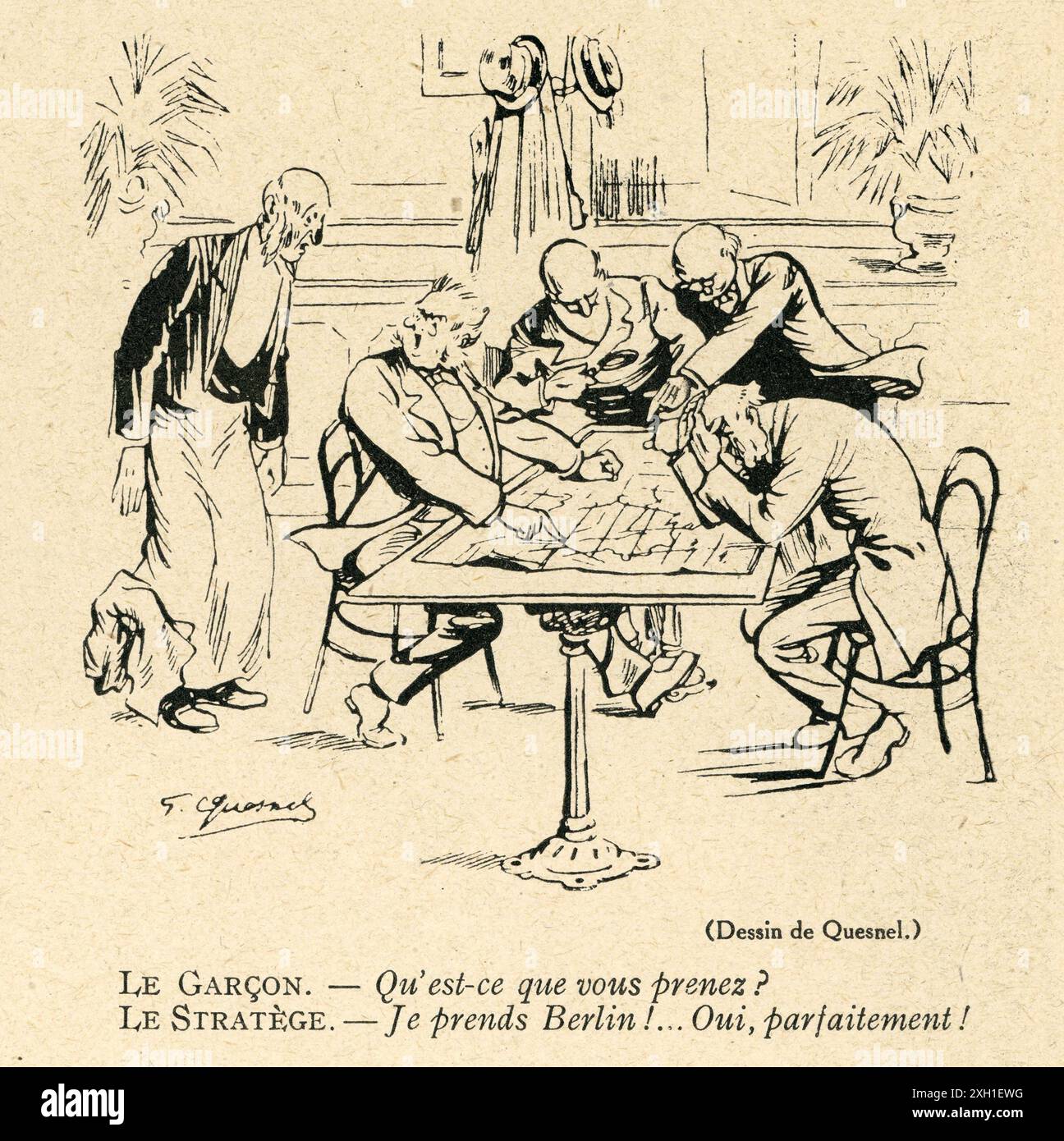 Disegno di Quesnel pubblicato sul settimanale satirico francese 'la Baionnette' n°33, il 17 febbraio 1916. Numero speciale "Les stratèges en chambre" (Strategists nelle loro camere da letto) Foto Stock