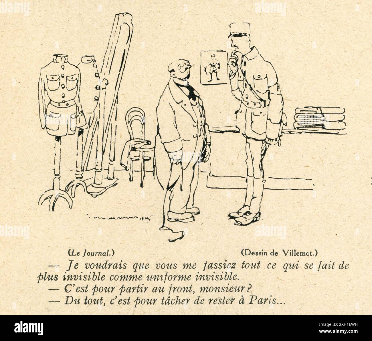 Disegno di Jean Villemot pubblicato sul settimanale satirico francese 'la Baionnette' n°33, il 17 febbraio 1916. Numero speciale "Les stratèges en chambre" (Strategists nelle loro camere da letto) Foto Stock