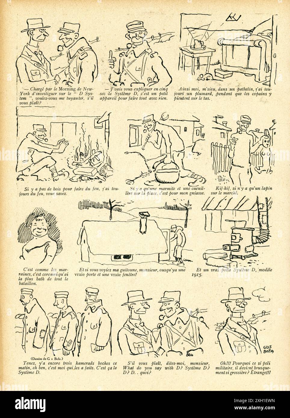 Disegno di Gus Bofa pubblicato sul settimanale satirico francese 'la Baionnette' n°34, il 24 febbraio 1916. Numero speciale intitolato "le Système D..." (Intraprendenza) Foto Stock