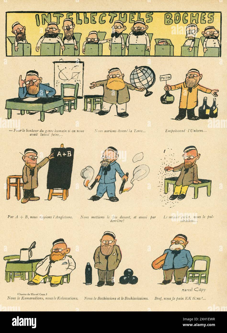 Intellettuali tedeschi. Disegno di Marcel Capy pubblicato sul settimanale satirico francese 'la Baionnette' n°35, il 2 marzo 1916. Numero speciale intitolato "Leurs intellettuali" (i loro intellettuali). Foto Stock