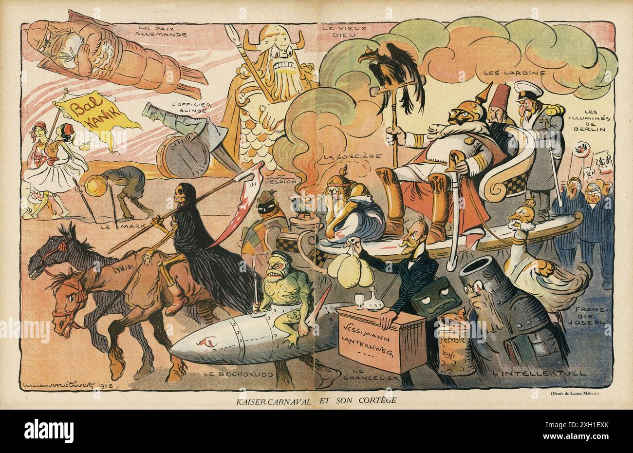Kaiser-Karnaval e il suo disegno processuale di Lucien Métivet pubblicato sul settimanale satirico francese 'la Baionnette' n°36, il 9 marzo 1916. Numero speciale intitolato "Kaiser-Karnaval". Foto Stock