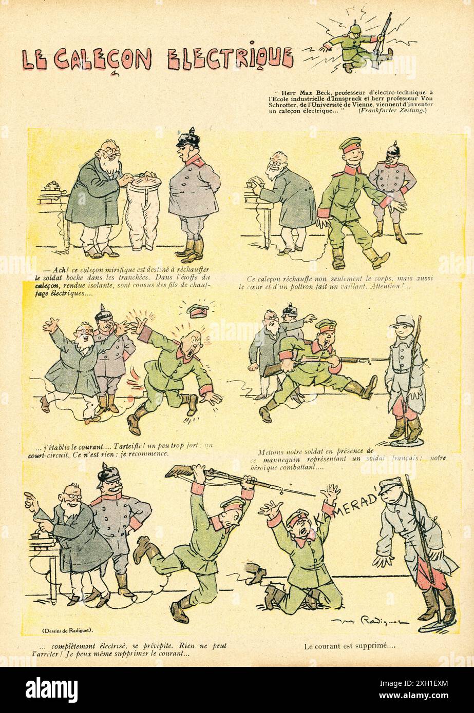 Disegno 'Electric pants' di Maurice Radiguet pubblicato sul settimanale satirico francese 'la Baionnette' n°35, il 2 marzo 1916. Numero speciale intitolato "Leurs intellettuali" (i loro intellettuali). Foto Stock