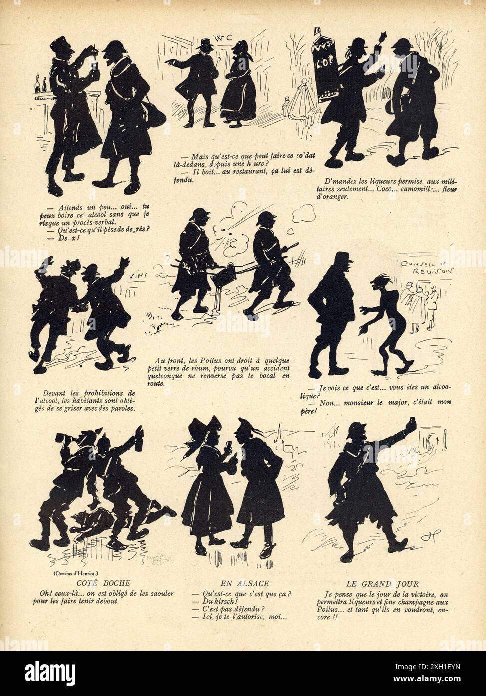 Disegno di Henri Henriot pubblicato sul settimanale satirico francese 'la Baionnette' n°37, il 16 marzo 1916. Numero speciale intitolato "A Bas l'alcool!" (Giù con l'alcol!). Foto Stock