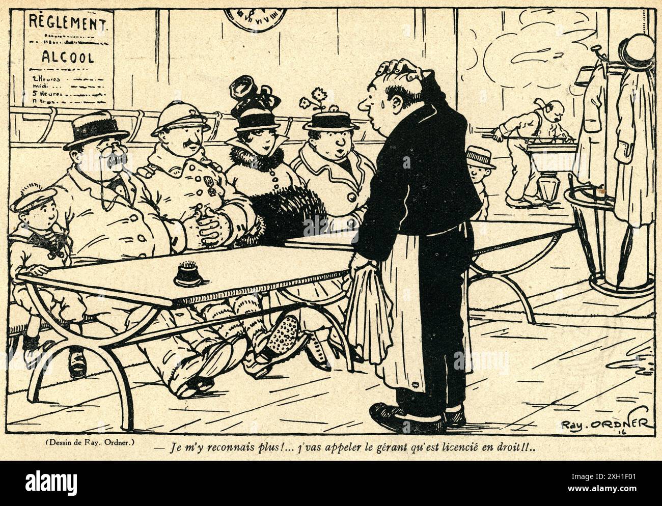 Disegno di Ray Ordner pubblicato sul settimanale satirico francese 'la Baionnette' n°37, il 16 marzo 1916. Numero speciale intitolato "A Bas l'alcool!" (Giù con l'alcol!). Foto Stock