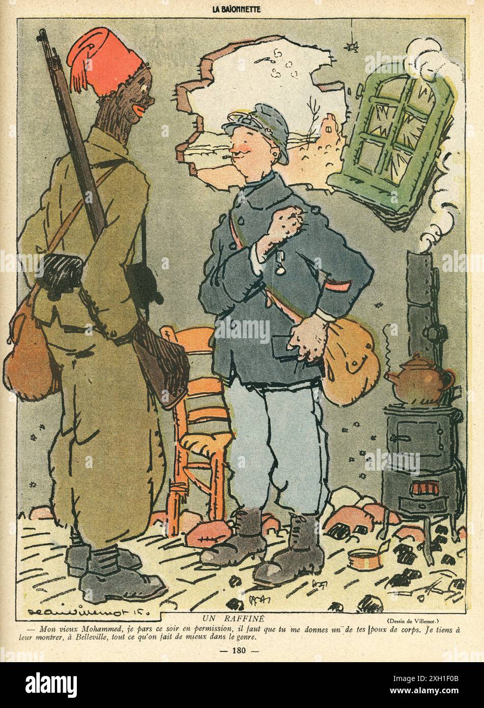 Disegno di Jean Villemot pubblicato sul settimanale satirico francese 'la Baionnette' n°38, il 23 marzo 1916. Numero speciale intitolato "Les Loustics" (i pranksters). Foto Stock