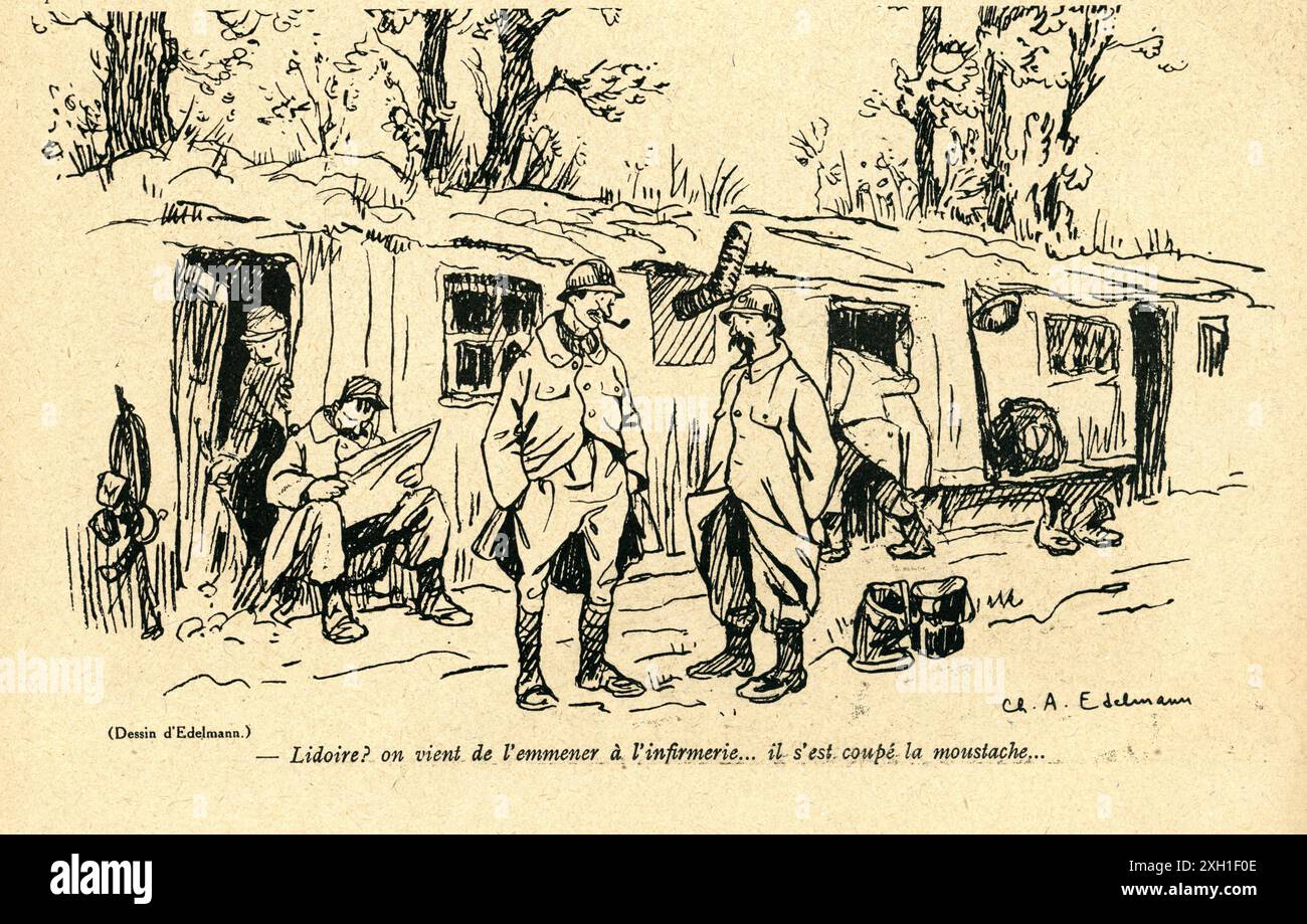 Disegno di Charles-Auguste Edelmann pubblicato sul settimanale satirico francese 'la Baionnette' n°38, il 23 marzo 1916. Numero speciale intitolato "Les Loustics" (i pranksters). Foto Stock