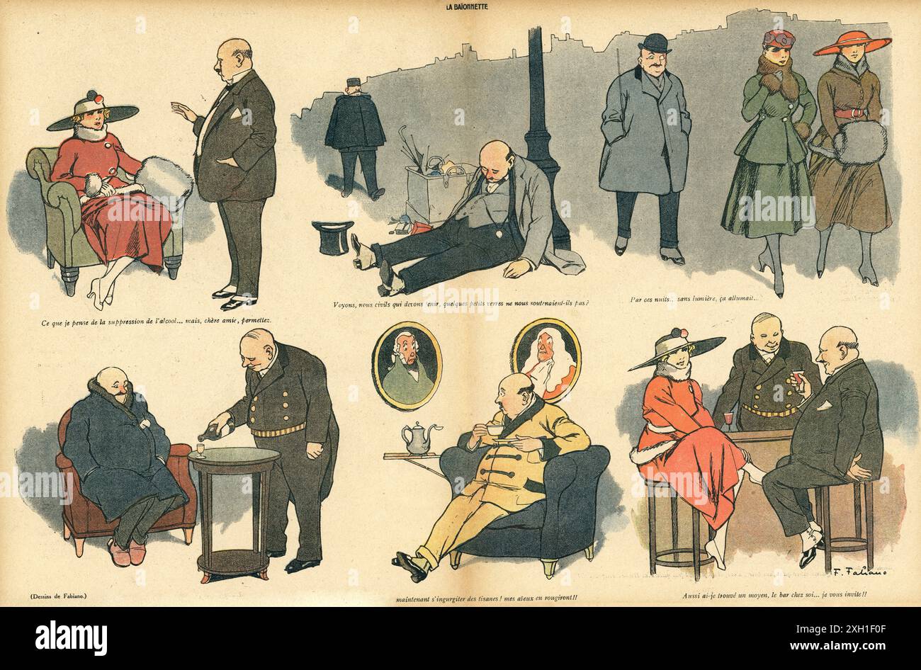 Disegno di Fabien Fabiano pubblicato sul settimanale satirico francese 'la Baionnette' n°37, il 16 marzo 1916. Numero speciale intitolato "A Bas l'alcool!" (Giù con l'alcol!). Foto Stock