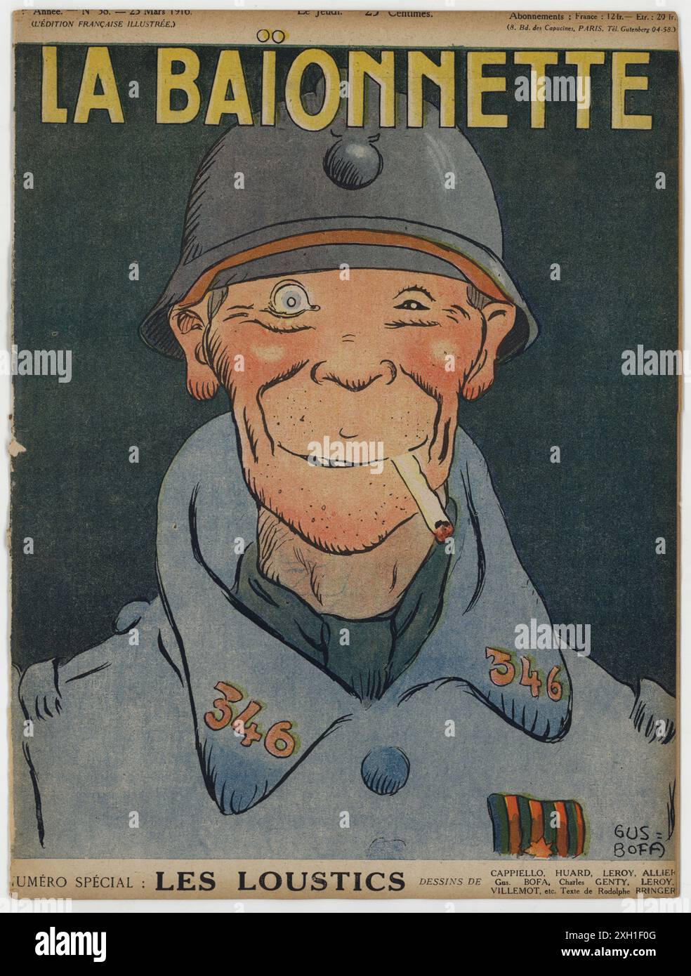 Disegno di Gus Bofa per la copertina del settimanale satirico francese 'la Baionnette' n°38, il 23 marzo 1916. Numero speciale intitolato "Les Loustics" (i pranksters). Foto Stock