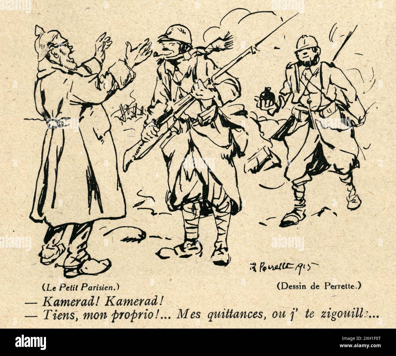 Disegno di René Perrette pubblicato sul settimanale satirico francese 'la Baionnette' n°38, il 23 marzo 1916. Numero speciale intitolato "Les Loustics" (i pranksters). Foto Stock