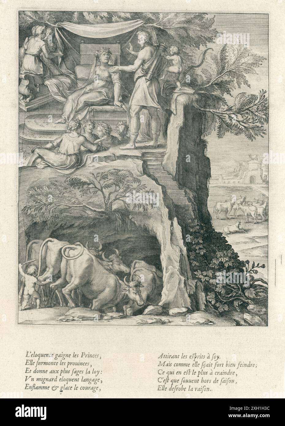 La nascita di Hermes. Il ragazzo, spogliato dei suoi vestiti, spinge i buoi di Apollo, che ha appena rubato. Incisione pubblicata nel libro "Les Images, ou Tableaux de platte peinture des deux Philostrates,... Et les States de Callistrate, mis en francois par Blaise de Vigénère,... enrichis d'arguments et d'annotations, reveus et corrigez sur l'original par un docte personnage de ce temps en la langue grecque... Avec des épigrams sur chacun d'iceux par Artus Thomas, sieur d'Embry". edizione 1637 Foto Stock