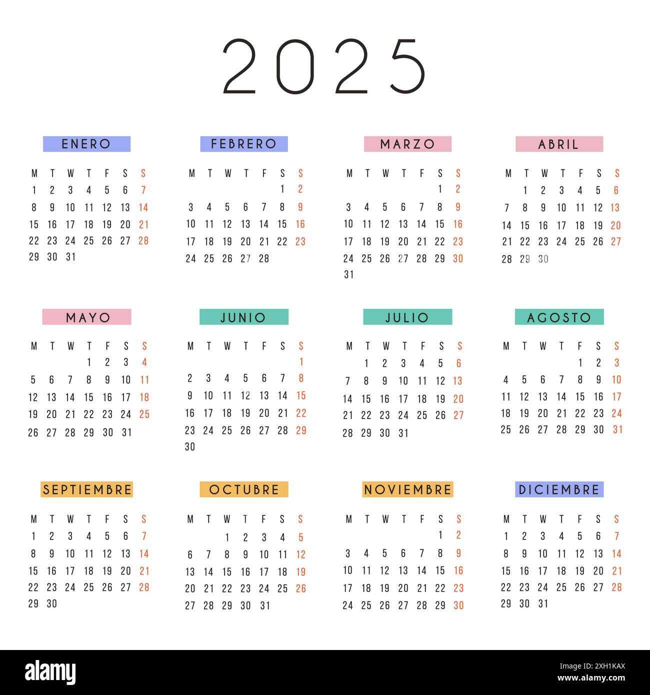 Calendario spagnolo 2025 anno. La settimana del calendario della cancelleria quadrata vettoriale inizia lunedì. Organizzatore annuale. Semplice modello di calendario dal design minimalista Illustrazione Vettoriale