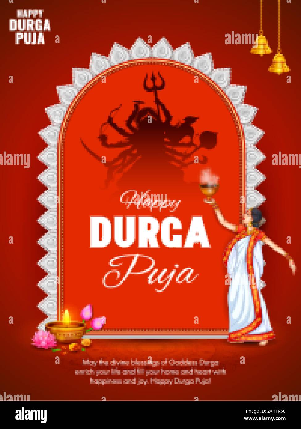 Illustrazione della dea Durga in Happy Durga Puja Subh Navratri, disegno di sfondo religioso indiano Illustrazione Vettoriale