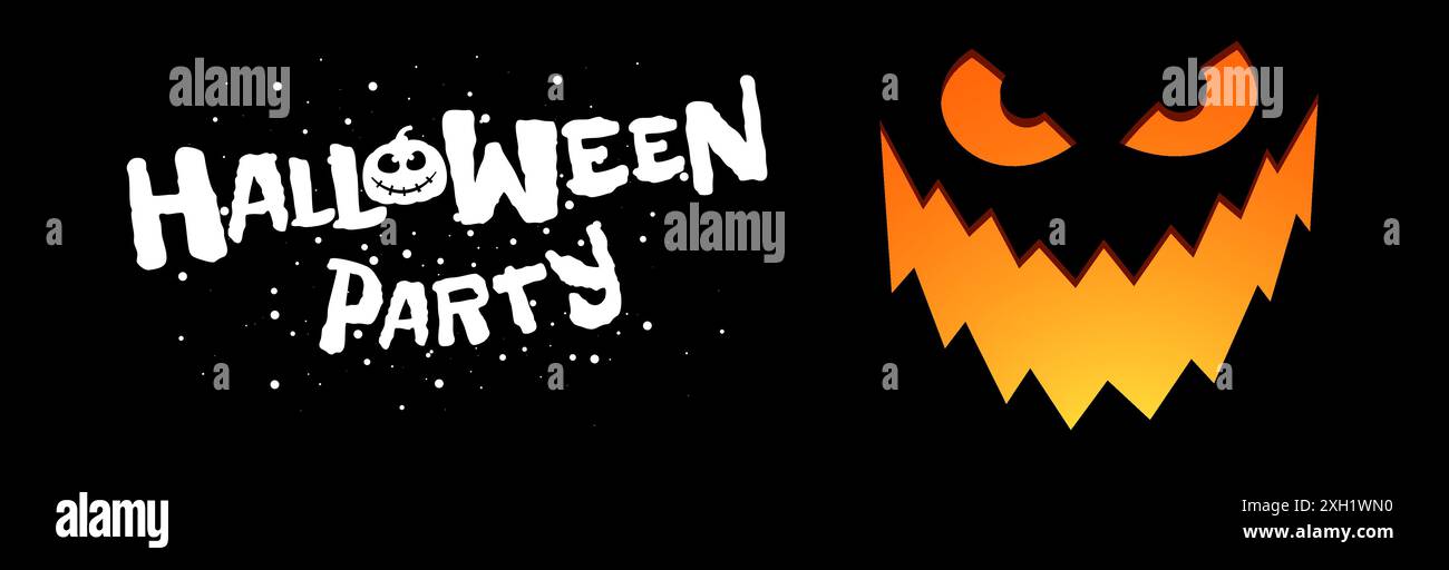 Happy Halloween Night Party: Design orizzontale per striscioni. La zucca Lanterna Jack ha scolpito il volto spaventoso sorridente su sfondo nero e le iscrizioni del disegno. Poster eps festivo ottobre 31 Illustrazione Vettoriale
