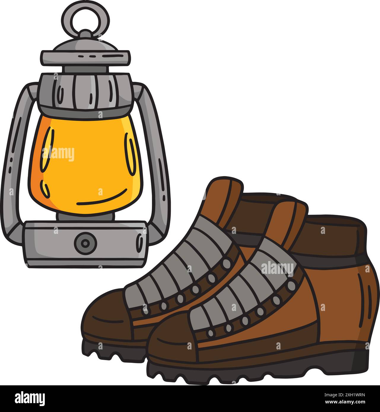 Stivali da campeggio e Clipart colorato con lampada Illustrazione Vettoriale