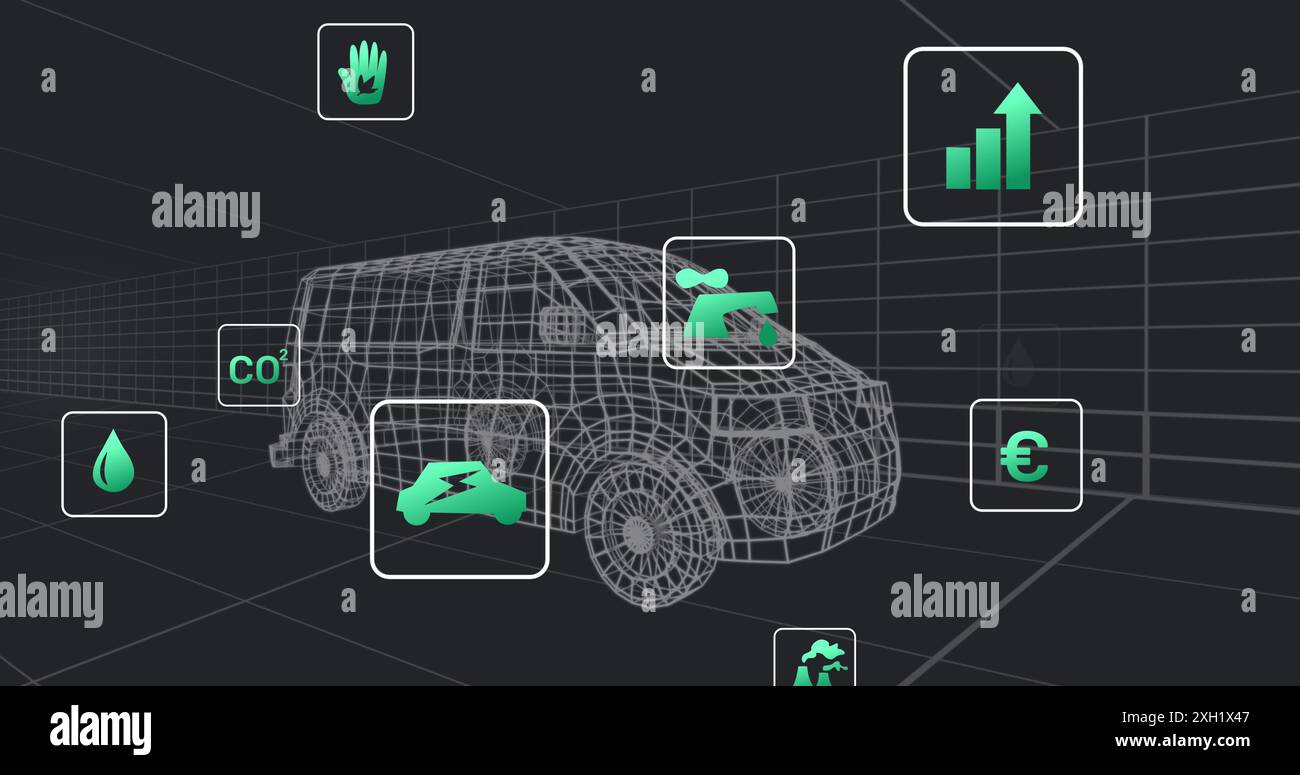 Immagine della guida di un furgone davanti alle icone. le connessioni ingegneristiche e il concetto tecnologico del settore automobilistico globale immagine generata digitalmente. Foto Stock