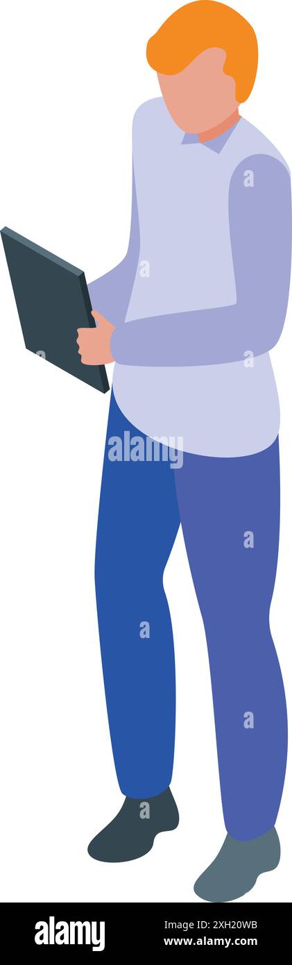 Personaggio maschile che tiene in mano un tablet indossando abiti casual icona isometrica Illustrazione Vettoriale