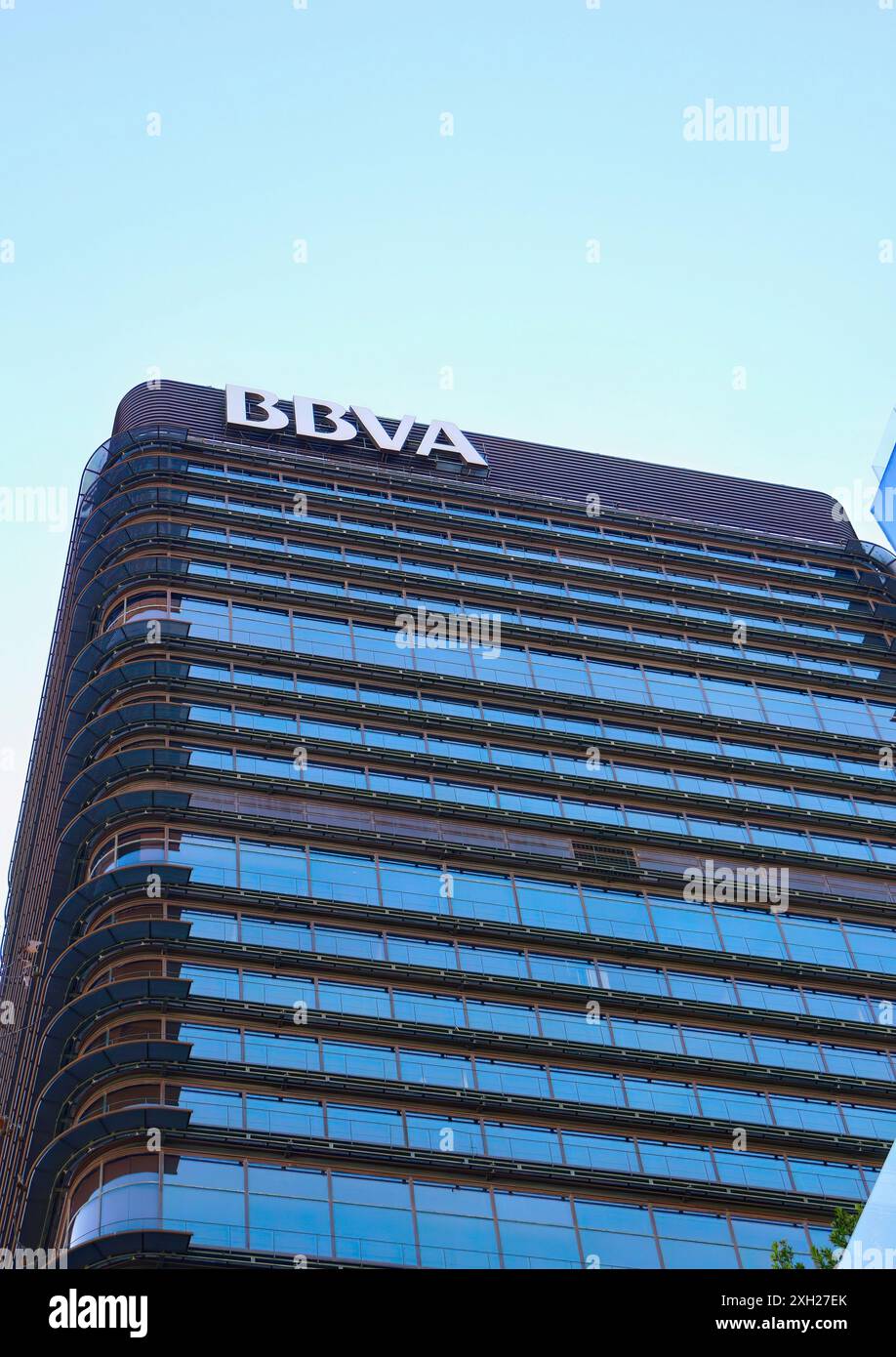BBVA edificio alto banca spagnola nel centro della città di Madrid, Spagna Foto Stock