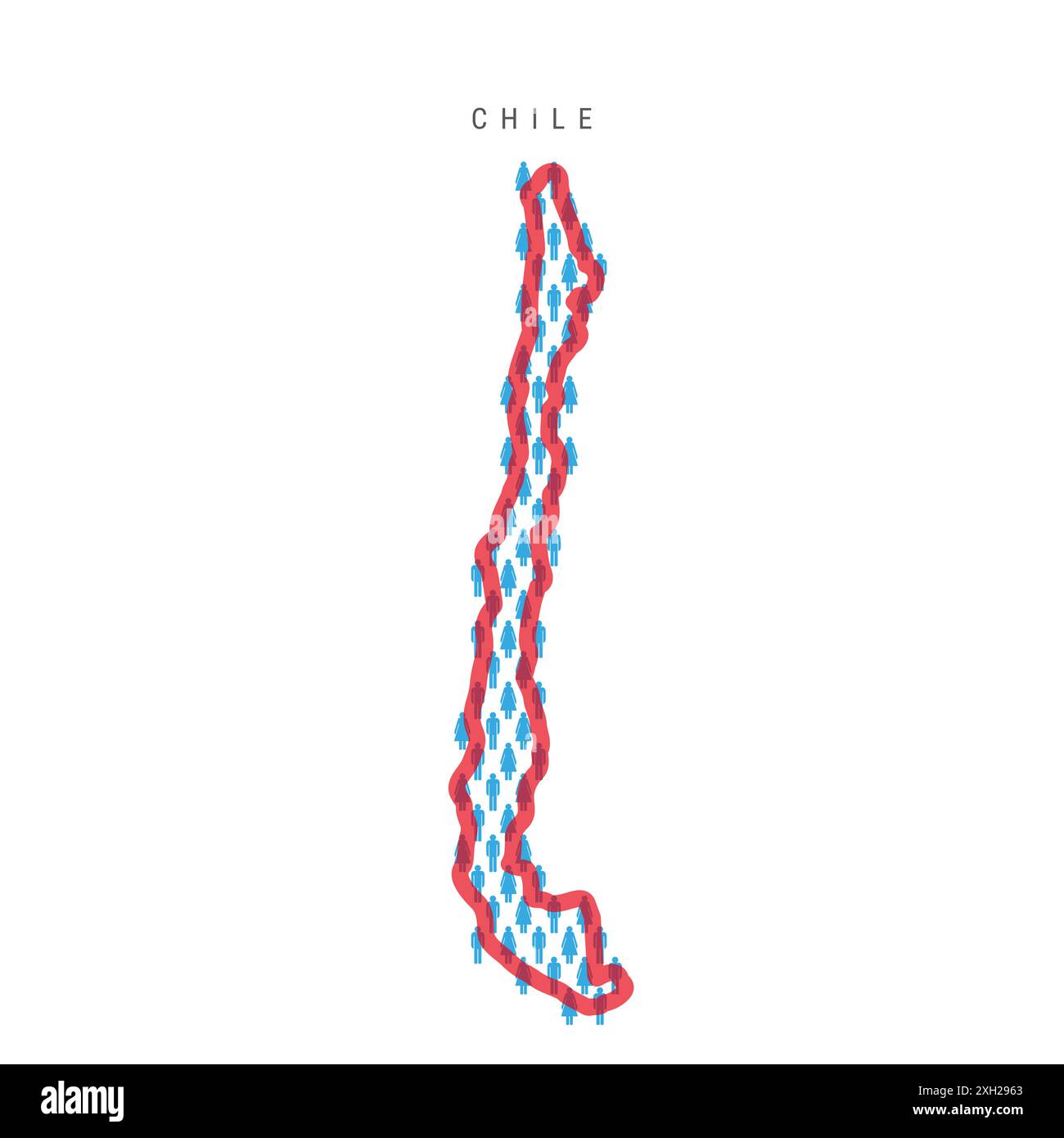 Mappa della popolazione del Cile. Figure bastone cartina del popolo cileno con audace confine rosso traslucido del paese. Modello di icone di uomini e donne. Illustrazione isolata Foto Stock