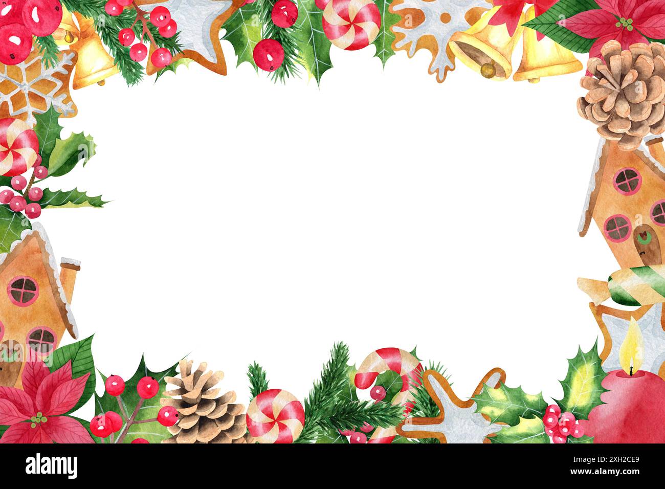 Cornice natalizia Acquerello illustrazione disegnata a mano con agrifoglio, biscotto di pan di zenzero, rami di pino, bacche rosse, campane dorate Foto Stock