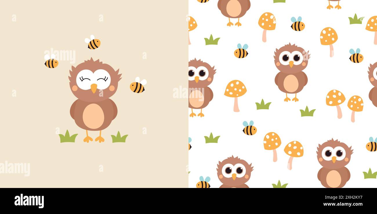 Carino gufo e motivo senza cuciture. Sfondo per bambini con gufi, funghi e api. Illustrazione vettoriale. Illustrazione Vettoriale