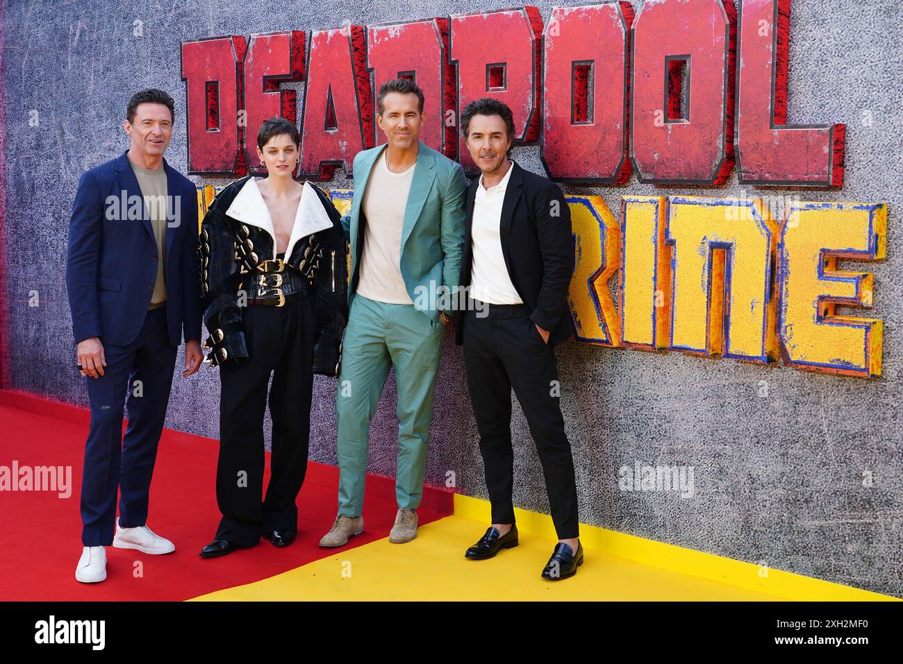 (Da sinistra a destra) Hugh Jackman, Emma Corin, Ryan Reynolds e Shawn Levy che partecipano a Deadpool e Wolverine UK Guarda in anteprima l'Eventim Apollo, Londra. Data foto: Giovedì 11 luglio 2024. Foto Stock