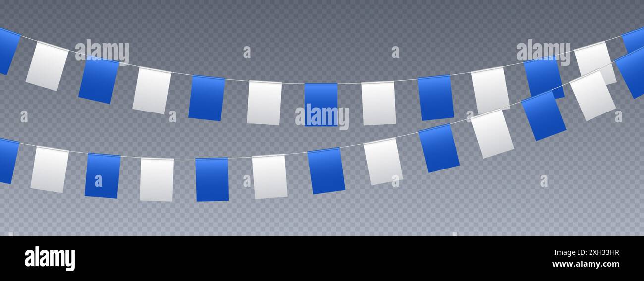 Bandiere di bunting, bandiere per feste di carnevale, pennant bianchi e blu che pendono su una corda. Illustrazione Vettoriale