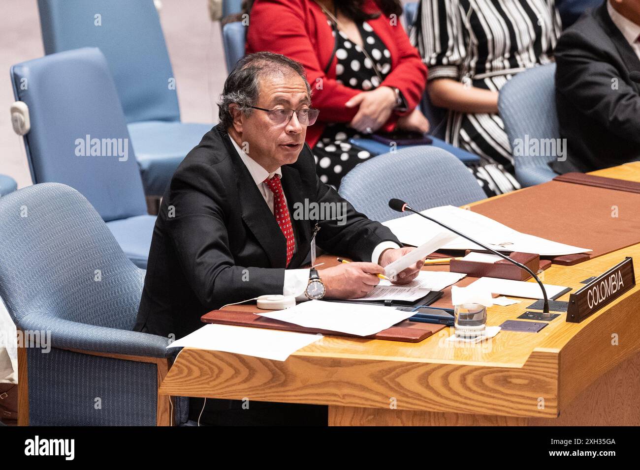 New York, Stati Uniti. 11 luglio 2024. Il Presidente della Colombia Gustavo Petro Urrego interviene durante la riunione del Consiglio di sicurezza sulla situazione in Colombia e sulla missione di verifica delle Nazioni Unite in Colombia presso la sede delle Nazioni Unite a New York l'11 luglio 2024. (Foto di Lev Radin/Sipa USA) credito: SIPA USA/Alamy Live News Foto Stock